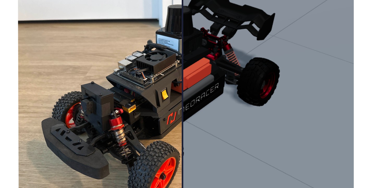 The physical NeoRacer beside its simulated model in the Playground